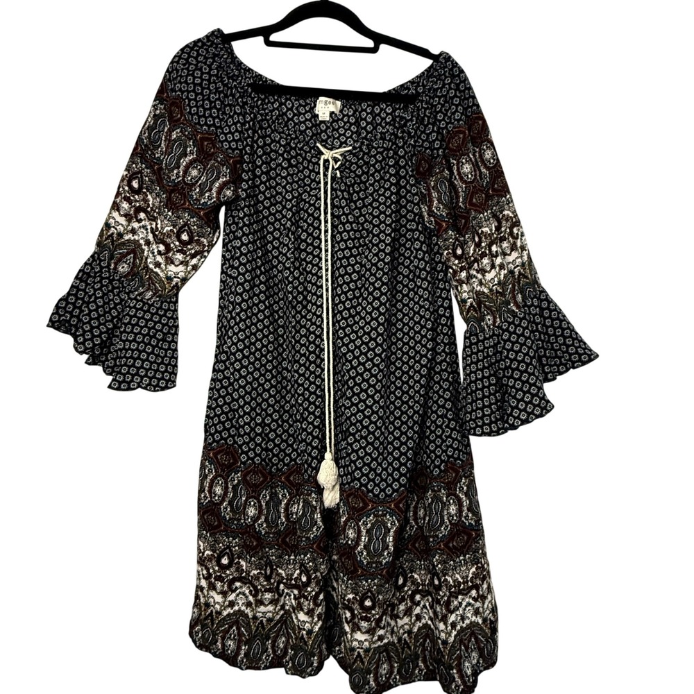 Umgee Navy Paisley Off Shoulder Bell Sleeve Shift Dress M Boho Festival